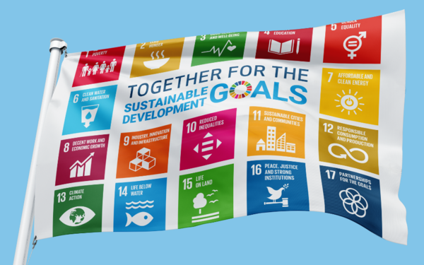 SDG flag flying showing sustainable development goals colourful icons with blue sky background