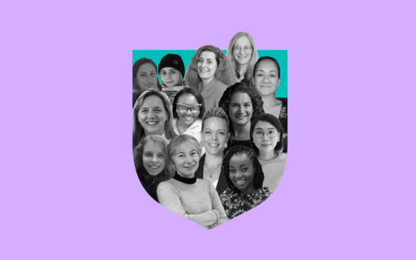 Faces of 13 women in cambridge collaged within a blue shield design against a lavender background.