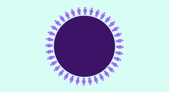 purple circle with illustrations of people around it