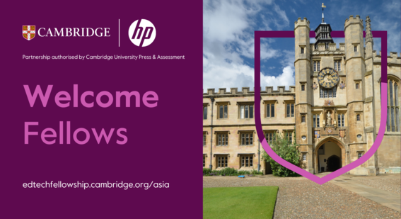 The image shows Jesus College, from University of Cambridge, with the branded shield from Cambridge University Press & Assessment embracing the building. The image also says "Welcome Fellows" 