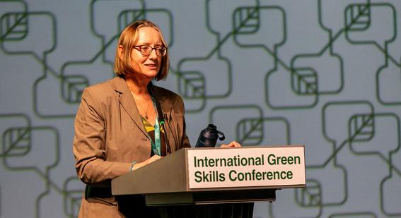 Christine Ozden speaking at the International Green Skills Conference 2023