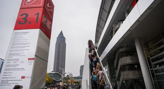 Delegates arriving outside of the Frankfurt Book Fair exhibition centre in 2022