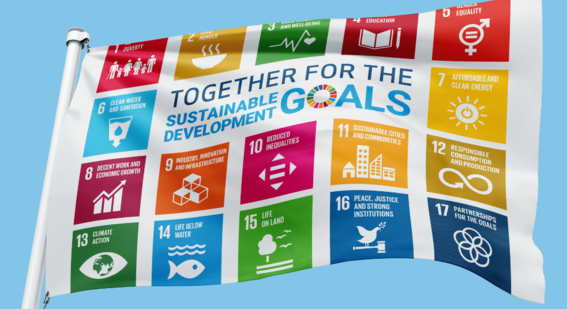 SDG flag flying showing sustainable development goals colourful icons with blue sky background