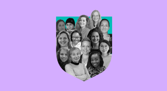 Faces of 13 women in cambridge collaged within a blue shield design against a lavender background.