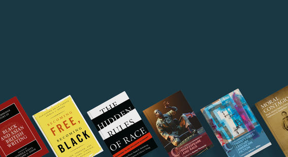 Book covers of Black and Asian British Writing, Becoming Free Becoming Black, The Hidden Rules of Race, Shakespeare and Race, and Twenty First Century American Fiction