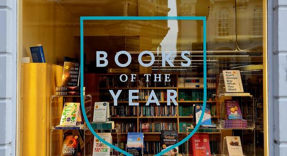 Books of the year display in Cambridge bookshop window