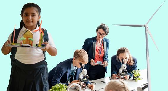 Montage of school children and wind turbine.