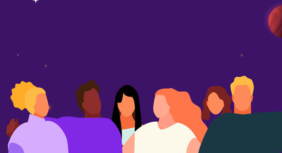 illustration of a group of people holding each other with a purple background with stars