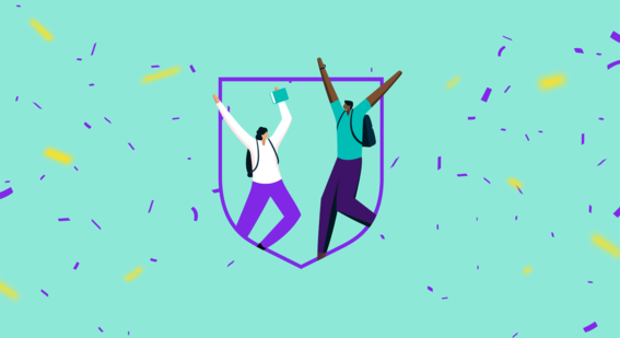 Illustration of two people celebrating in front of a purple Cambridge shield outline. Background is a sea blue with confetti