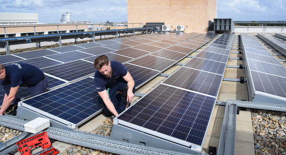 Colleagues working on solar panels