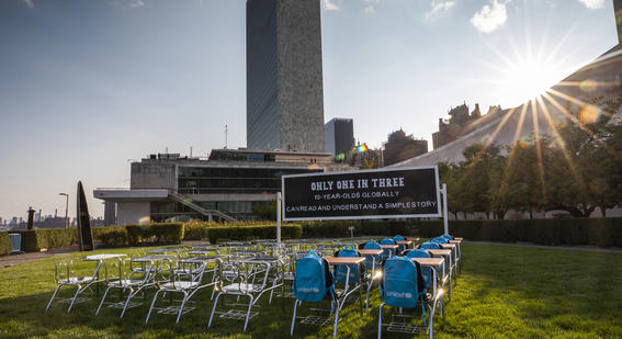 Outside the UN building at the Transforming Education Summit